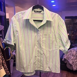 Zara womans Light Green and Purple Striped Shirt